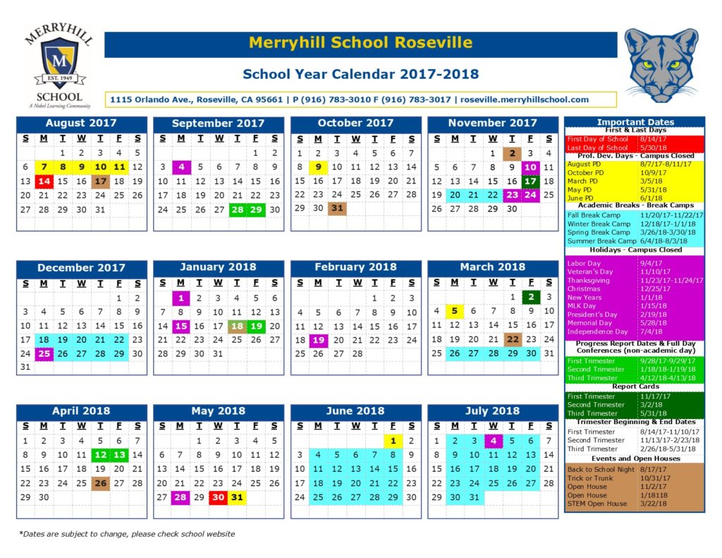 School Year Calendar Merryhill Elementary & Middle School Roseville, CA